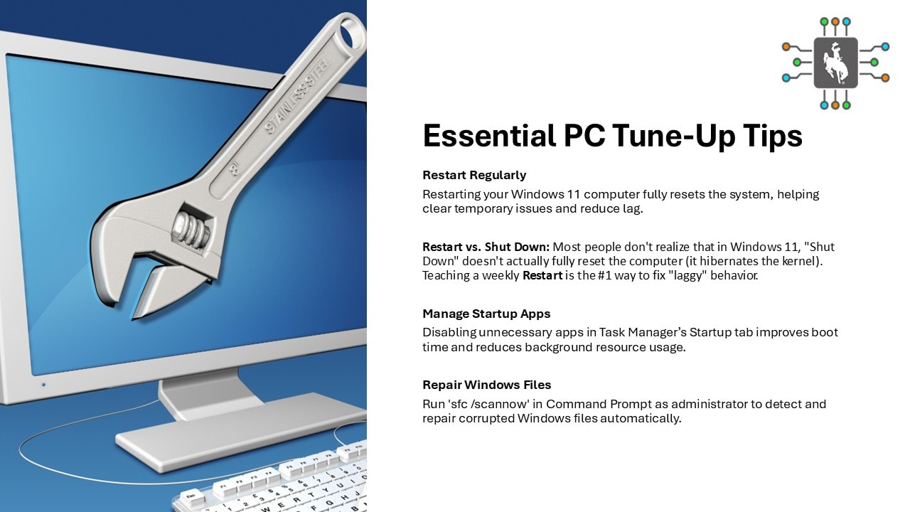 Essential PC tune-up tips: restart regularly, manage startup apps, repair Windows files