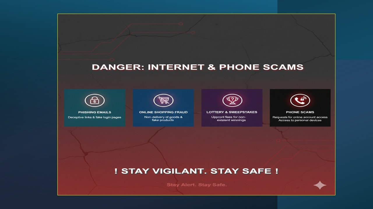 Internet and phone scam awareness graphic