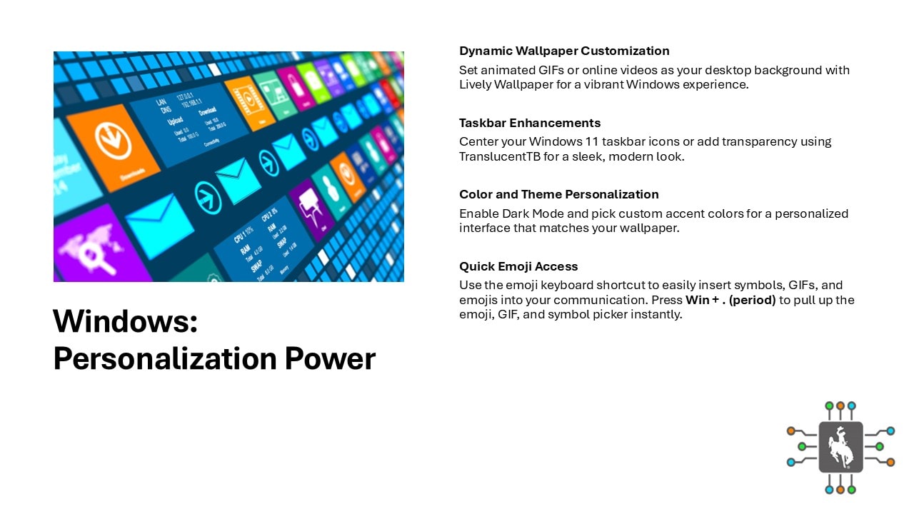 Windows personalization tips for wallpaper, taskbar, themes, and emoji access